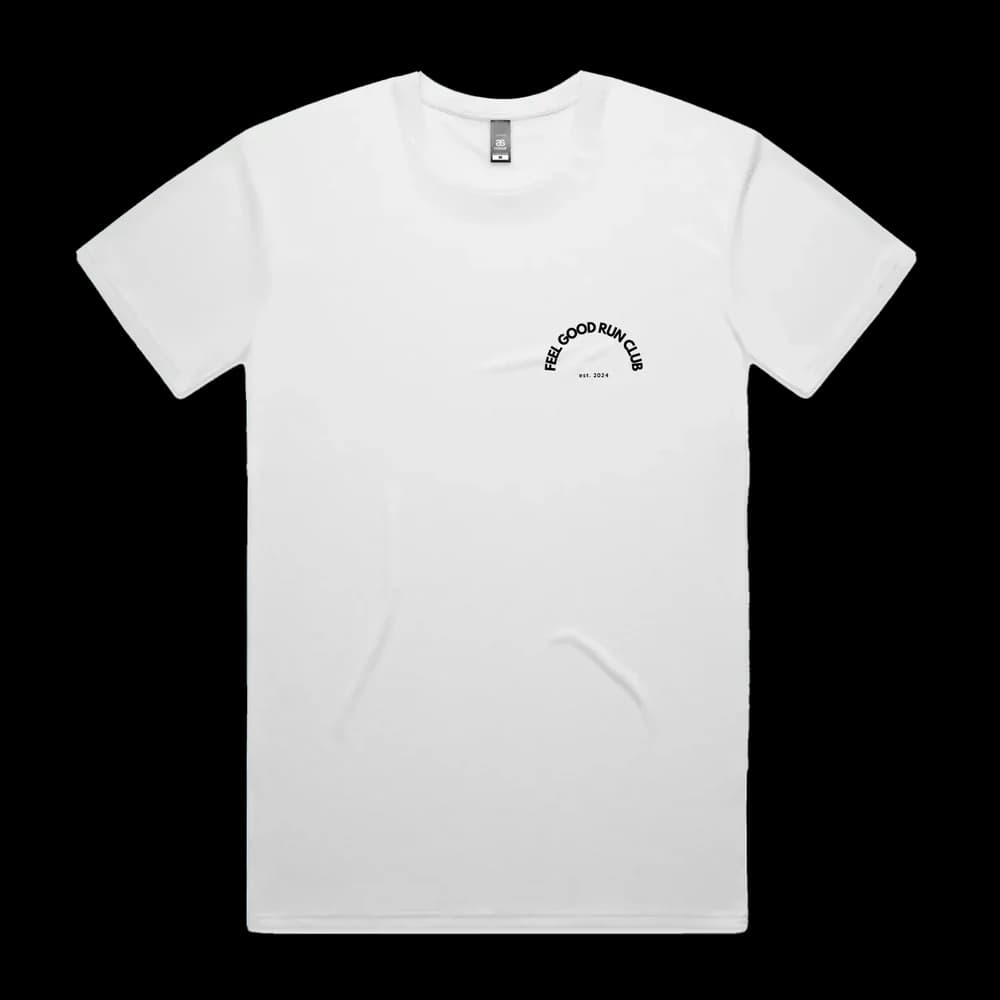 Feel Good Run Club Active Tee — Left Chest — White, front